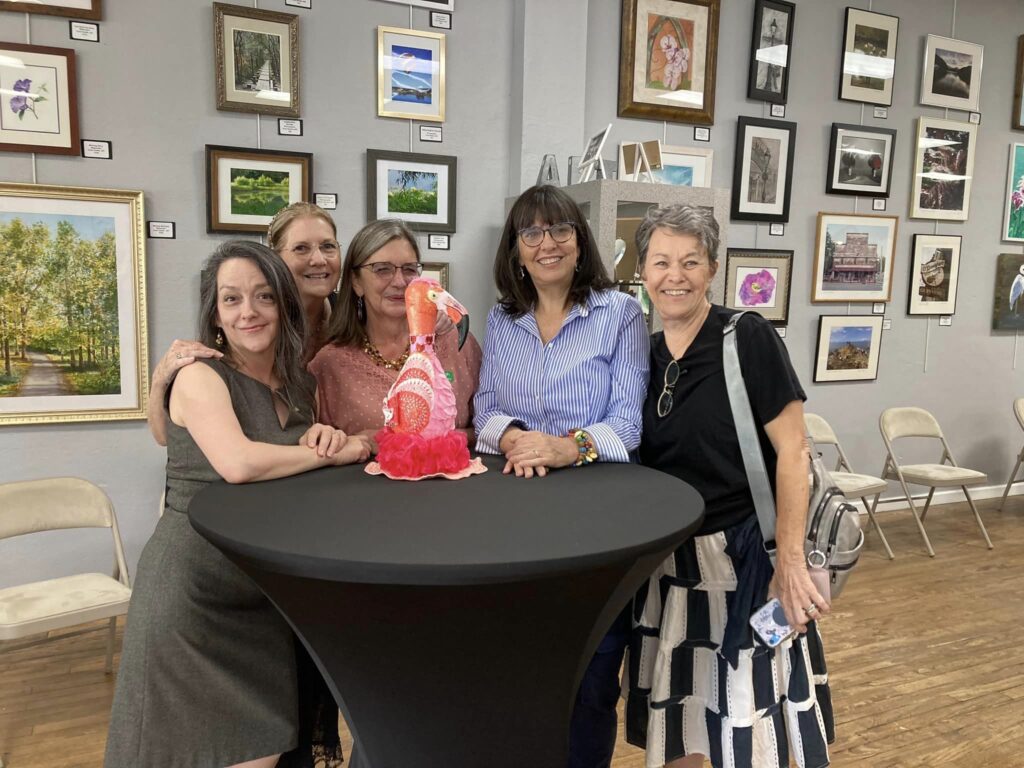 Joanna McNally art exhibit photos: L to R: GAG Curator Sheila Carr, ALNF VP Laura Hunter-Null, ALNF membership chair Susan Kroh, Featured Artist Joanna McNally, and artist Jaime Howard