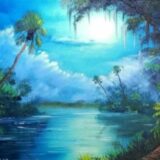 Sean Mullins painting, blue sky with palm trees over water